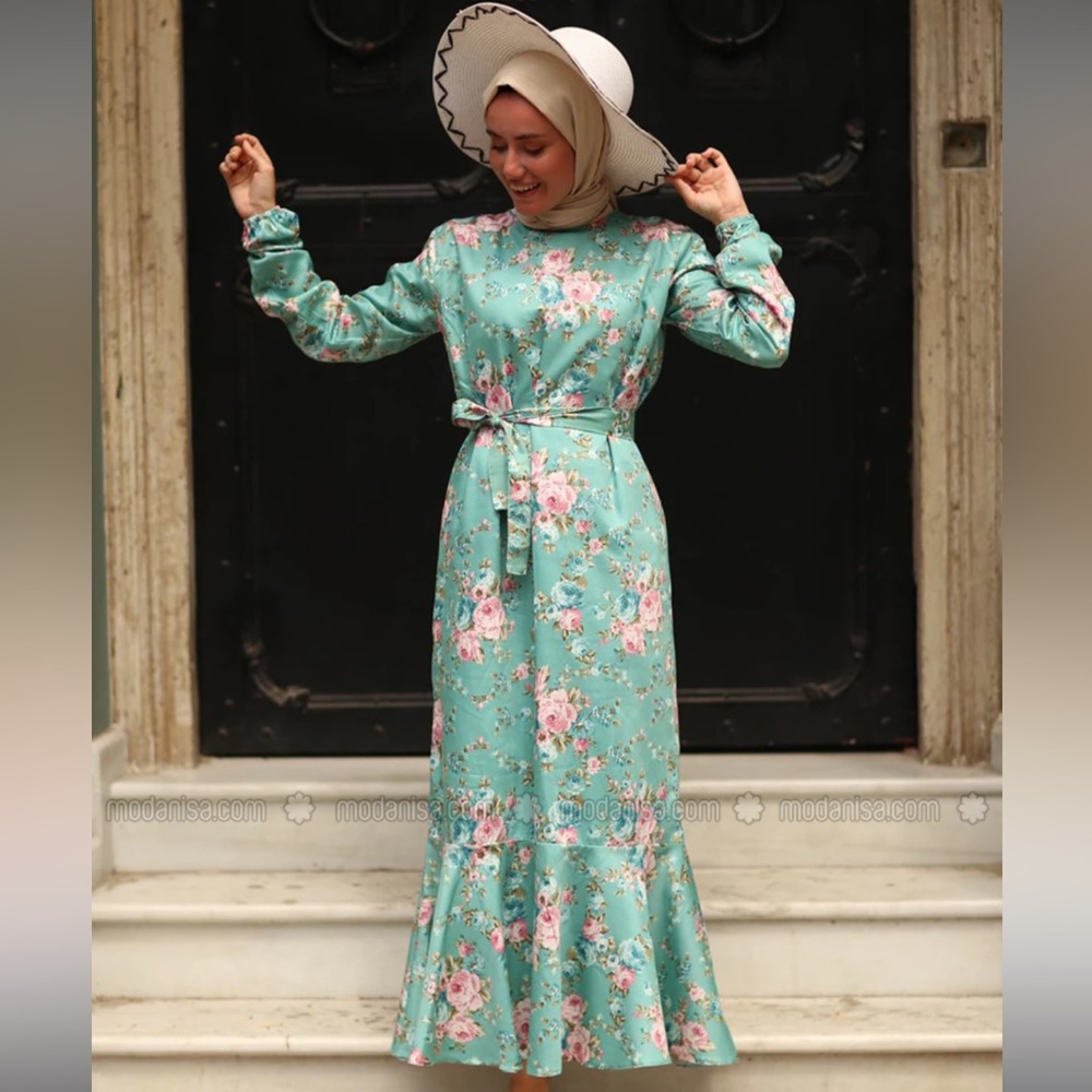 Modest sea green floral maxi dress